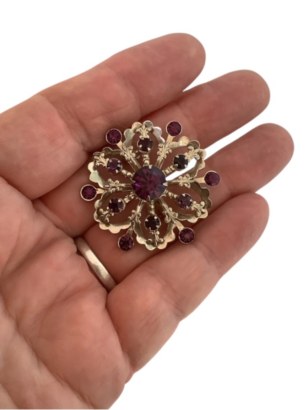 Silver Tone Purple Crystal Floral Brooch
